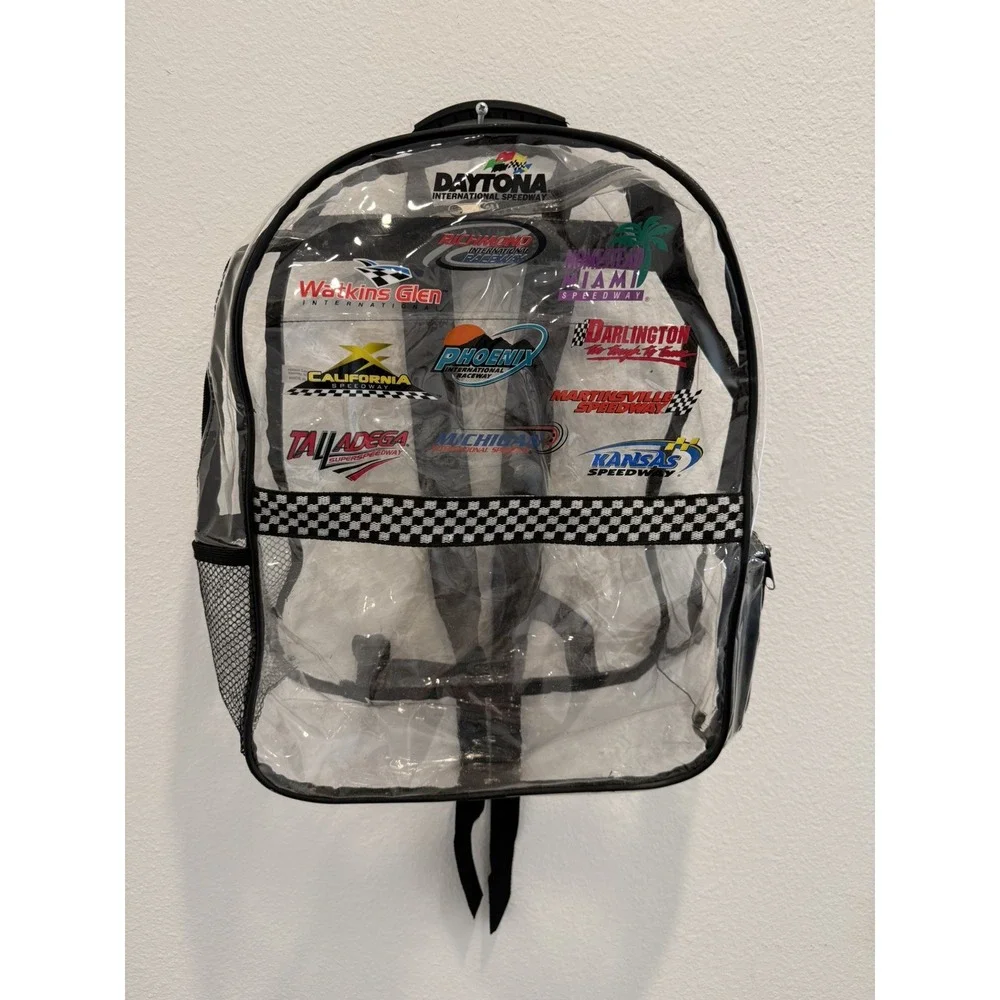 VINTAGE OFFICIAL NASCAR CLEAR BACKPACK Daytona Darlington Talladega California
